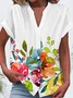 Women Floral Short Sleeve Shirt Summer Buckle V Neck Daily Casual Top