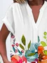 Women Floral Short Sleeve Shirt Summer Buckle V Neck Daily Casual Top