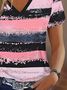 Women Striped Short Sleeve Tee T-shirt V Neck Printing Casual Summer Graphic Tee Top