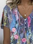 Women Floral Short Sleeve Tee T-shirt V Neck Printing Casual Summer Graphic Tee Top