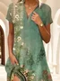 Women Floral Short Sleeve Summer Printing Dress Shawl Collar Daily Casual Knee Length A-Line Dress