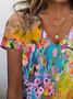 Women Floral Short Sleeve Tee T-shirt V Neck Printing Casual Summer Graphic Tee Top