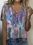 Women Floral Short Sleeve Tee T-shirt V Neck Printing Casual Summer Graphic Tee Top