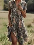 Women Floral Short Sleeve Summer Printing Dress Shawl Collar Daily Casual Knee Length A-Line Dress