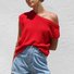 Women's knitwear Y2K summer knit sweater curved beaded ice silk fabric knitted pullover oblique shoulder round neck top