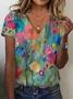 Women Floral Short Sleeve Tee T-shirt V Neck Printing Casual Summer Graphic Tee Top
