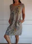 Women Leaf Sleeveless Summer Pocket Stitching Dress Crew Neck Daily Casual Mini Fit & Flare Dress A-Line Dress