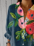 Women Floral Three Quarter Sleeve Shirt Spring/Fall Printing Shirt Collar Daily Casual Top