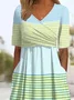 Women Striped Short Sleeve Summer Printing Dress V Neck Daily Casual Maxi A-Line Dress