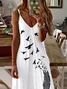 Women Bird Sleeveless Summer Printing Dress V Neck Daily Casual Maxi Slip Dress X-Line Dress
