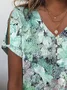Women Floral Short Sleeve Tee T-shirt V Neck Casual Summer Graphic Tee Top