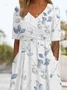 Women Floral Short Sleeve Summer Printing Dress V Neck Daily Casual Maxi A-Line Dress