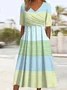 Women Striped Short Sleeve Summer Printing Dress V Neck Daily Casual Maxi A-Line Dress