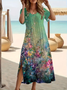 Women Floral Short Sleeve Summer Printing Dress Crew Neck Daily Casual Maxi Fit & Flare Dress A-Line Dress