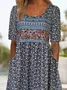 Women Floral Short Sleeve Summer Printing Dress Crew Neck Daily Casual Maxi Shift Dress H-Line Dress