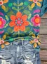 Women Floral Short Sleeve Tee T-shirt V Neck Casual Summer Top