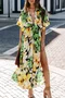 Women Floral Half Sleeve Summer Slit Dress V Neck Daily Casual Maxi Flowy Dress A-Line Dress