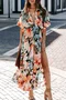 Women Floral Half Sleeve Summer Slit Dress V Neck Daily Casual Maxi Flowy Dress A-Line Dress
