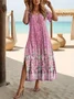 Women Floral Short Sleeve Summer Printing Dress Crew Neck Daily Casual Maxi Fit & Flare Dress A-Line Dress