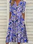 Women Floral Short Sleeve Summer Printing Dress V Neck Daily Casual Maxi Fit & Flare Dress H-Line Dress