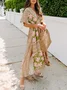 Women Floral Half Sleeve Summer Slit Dress V Neck Daily Casual Maxi Flowy Dress A-Line Dress