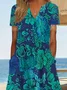 Women Floral Short Sleeve Summer Printing Dress V Neck Daily Casual Maxi Fit & Flare Dress H-Line Dress
