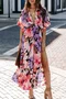 Women Floral Half Sleeve Summer Slit Dress V Neck Daily Casual Maxi Flowy Dress A-Line Dress