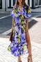 Women Floral Half Sleeve Summer Slit Dress V Neck Daily Casual Maxi Flowy Dress A-Line Dress