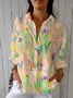 Women Floral Three Quarter Sleeve Shirt Spring/Fall Shirt Collar Holiday Casual Top