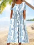 Women Floral Short Sleeve Summer Printing Dress Crew Neck Daily Casual Maxi Shift Dress H-Line Dress