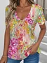 Women Botanical Pattern Short Sleeve Tee T-shirt V Neck Vintage Summer Top