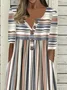 Women Striped Half Sleeve Summer Printing Dress Half Open Collar Daily Casual Maxi A-Line Dress