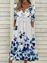 Women Floral Half Sleeve Summer Printing Dress Half Open Collar Daily Casual Maxi A-Line Dress