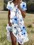 Women Floral Short Sleeve Summer Printing Dress Crew Neck Daily Casual Mini Tunic H-Line Dress