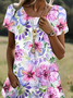 Women Floral Short Sleeve Summer Printing Dress Crew Neck Daily Casual Mini Tunic H-Line Dress
