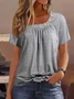 Women Plain Short Sleeve Tee T-shirt Crew Neck Buckle Casual Summer Top