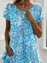 Women Floral Short Sleeve Summer Printing Dress Crew Neck Daily Casual Mini Tunic H-Line Dress