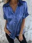 Women Plain Short Sleeve Shirt Summer Metal Shawl Collar Daily Casual Top