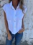 Women Plain Short Sleeve Shirt Summer Buckle Shawl Collar Daily Casual Top