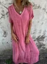 Women Plain Short Sleeve Summer Split Joint Dress V Neck Daily Vintage Maxi Tank A-Line Dress