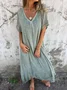 Women Plain Short Sleeve Summer Split Joint Dress V Neck Daily Vintage Maxi Tank A-Line Dress