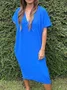 Women Plain Half Sleeve Summer Slit Dress V Neck Daily Casual Maxi Tank A-Line Dress