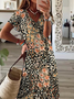 Women Floral Short Sleeve Summer Printing Dress V Neck Daily Casual Maxi X-Line Dress
