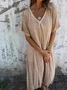 Women Plain Short Sleeve Summer Split Joint Dress V Neck Daily Vintage Maxi Tank A-Line Dress