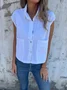 Women Plain Short Sleeve Shirt Summer Buckle Shawl Collar Daily Casual Top
