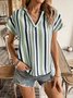 Women Striped Short Sleeve Tee T-shirt V Neck Printing Casual Summer Top
