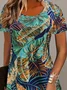 Women Leaf Short Sleeve Summer Printing Dress Crew Neck Daily Casual Mini Tunic H-Line Dress