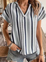 Women Striped Short Sleeve Tee T-shirt V Neck Printing Casual Summer Top