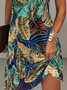 Women Leaf Short Sleeve Summer Printing Dress Crew Neck Daily Casual Mini Tunic H-Line Dress