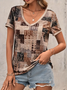 Women Geometric Short Sleeve Tee T-shirt V Neck Printing Casual Summer Graphic Tee Top